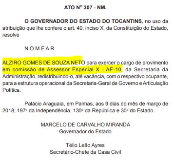 Foto reprodução Diário Oficial do Estado do  Tocantins